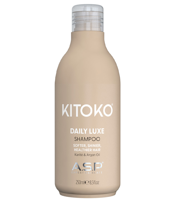 36401059 kitoko daily luxe shampoo 250ml 700x800 beigefarbene flasche, weißer hintergrund